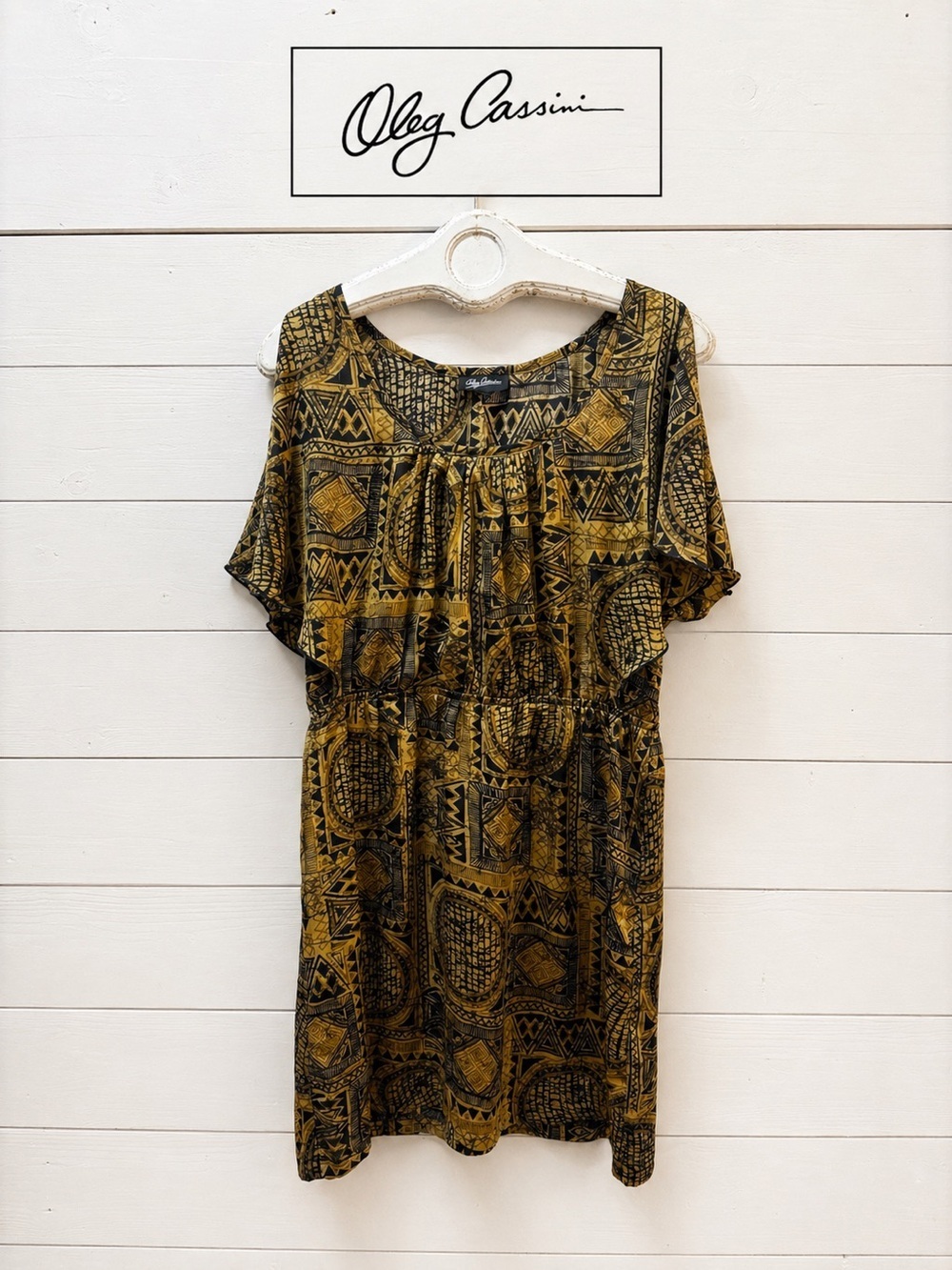 OLEG CASSINI Mustard & Black Geometric Print Dress – Size L